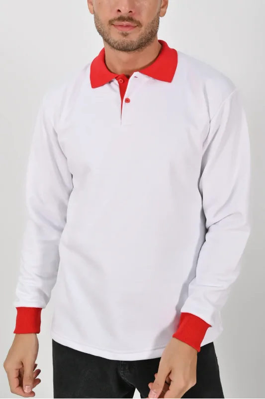 Kışlık Beyaz Çift Renkli Polo Yaka Sweatshirt Kırmızı Yakalı