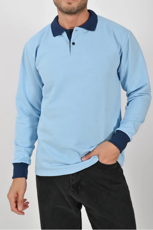 Kışlık Buz Mavisi Çift Renkli Polo Yaka Sweatshirt Lacivert Yakalı