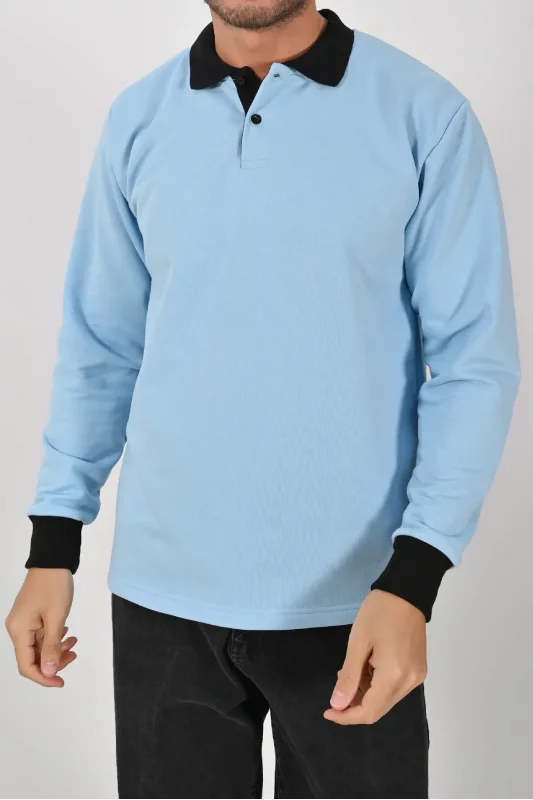 Kışlık Buz Mavisi Çift Renkli Polo Yaka Sweatshirt Siyah Yakalı