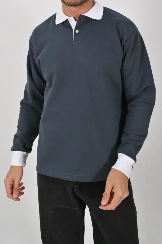 Kışlık Füme Çift Renkli Polo Yaka Sweatshirt Beyaz Yakalı