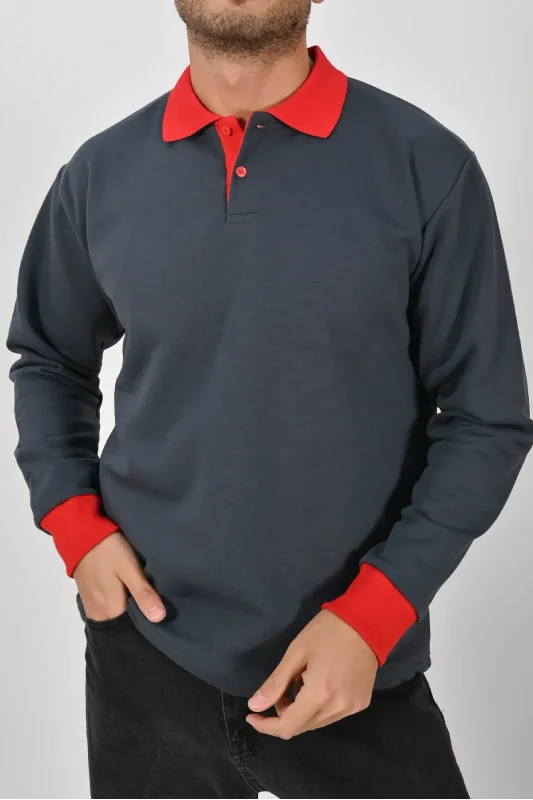 Kışlık Füme Çift Renkli Polo Yaka Sweatshirt Kırmızı Yakalı