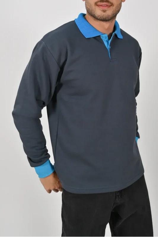 Kışlık Füme Çift Renkli Polo Yaka Sweatshirt Mavi Yakalı