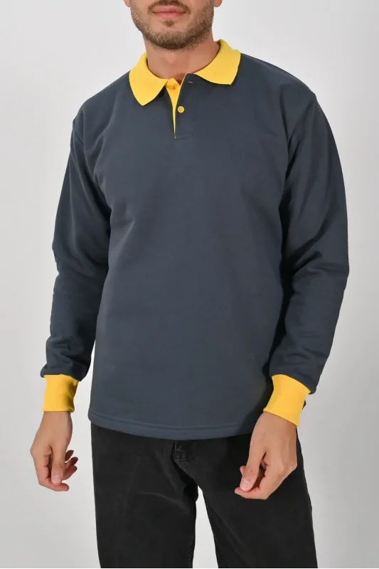 Kışlık Füme Polo Yaka Sweatshirt Sarı Yakalı