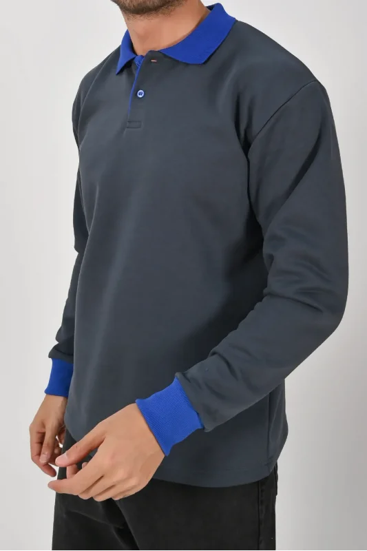 Kışlık Füme Çift Renkli Polo Yaka Sweatshirt Sax Yakalı