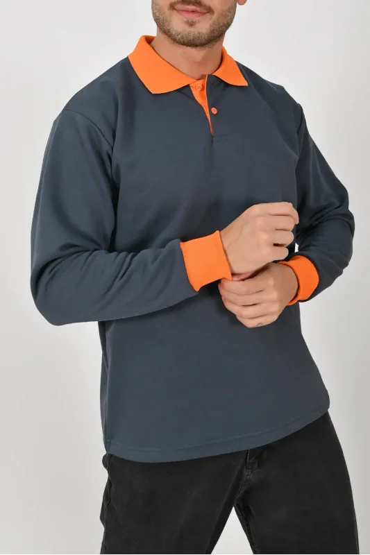 Kışlık Füme Çift Renkli Polo Yaka Sweatshirt Turuncu Yakalı