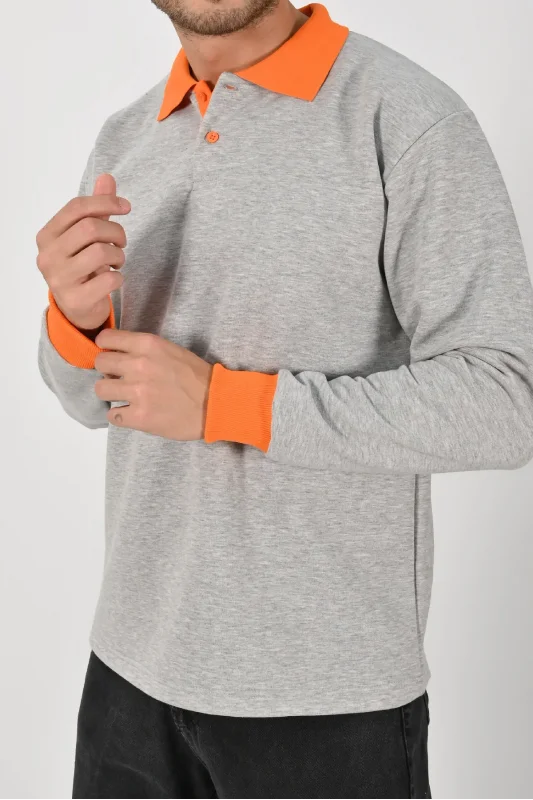 Kışlık Gri Çift Renkli Polo Yaka Sweatshirt Turuncu Yakalı