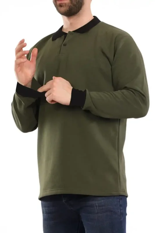 Kışlık Haki Yeşil Çift Renkli Polo Yaka Sweatshirt Siyah Yakalı