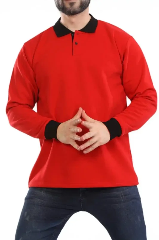 Kışlık Kırmızı Çift Renkli Polo Yaka Sweatshirt Siyah Yakalı