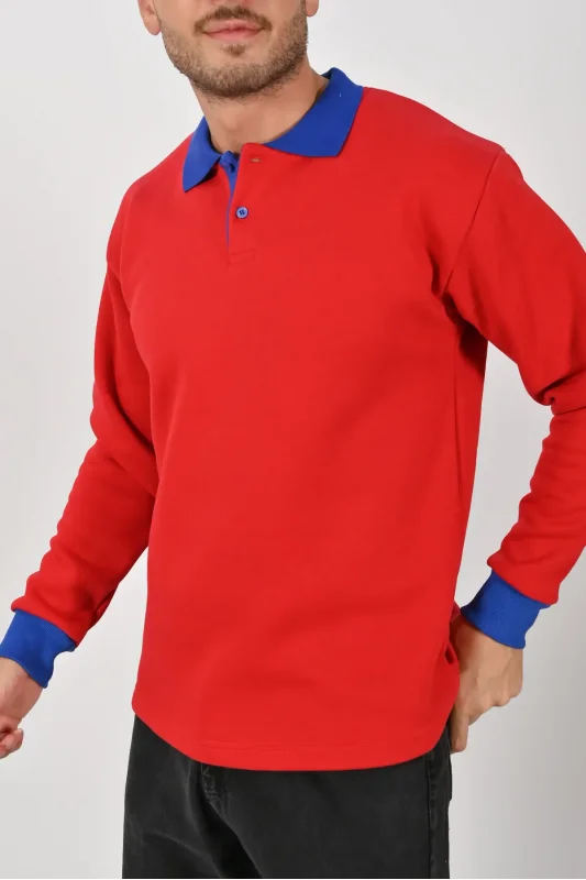 Kışlık Kırmızı Çift Renkli Polo Yaka Sweatshirt Sax Yakalı