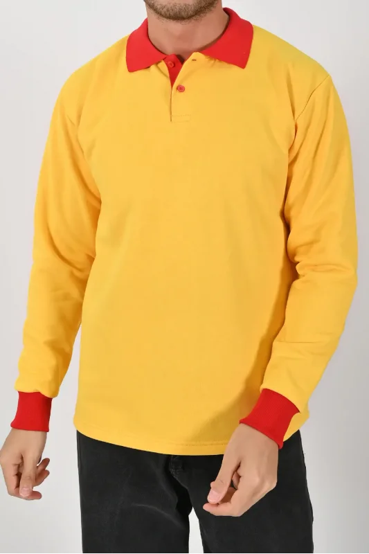 Kışlık Sarı Polo Yaka Sweatshirt Kırmızı Yakalı