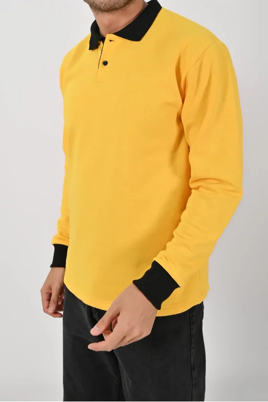 Kışlık Sarı Polo Yaka Sweatshirt Siyah Yakalı