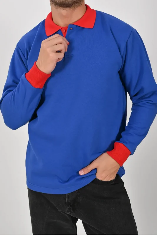 Kışlık Sax Polo Yaka Sweatshirt Kırmızı Yakalı