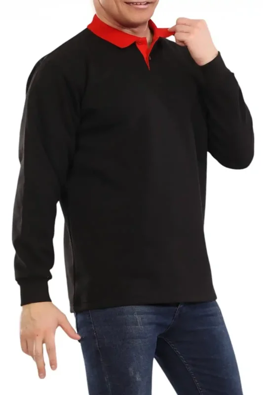 Kışlık Siyah Çift Renkli Polo Yaka Sweatshirt Kırmızı Yakalı