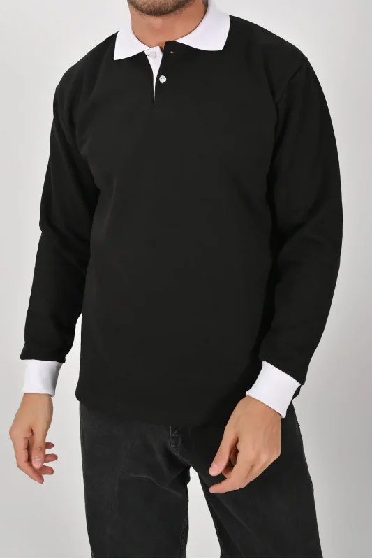 Kışlık Siyah Polo Yaka Sweatshirt Beyaz Yakalı
