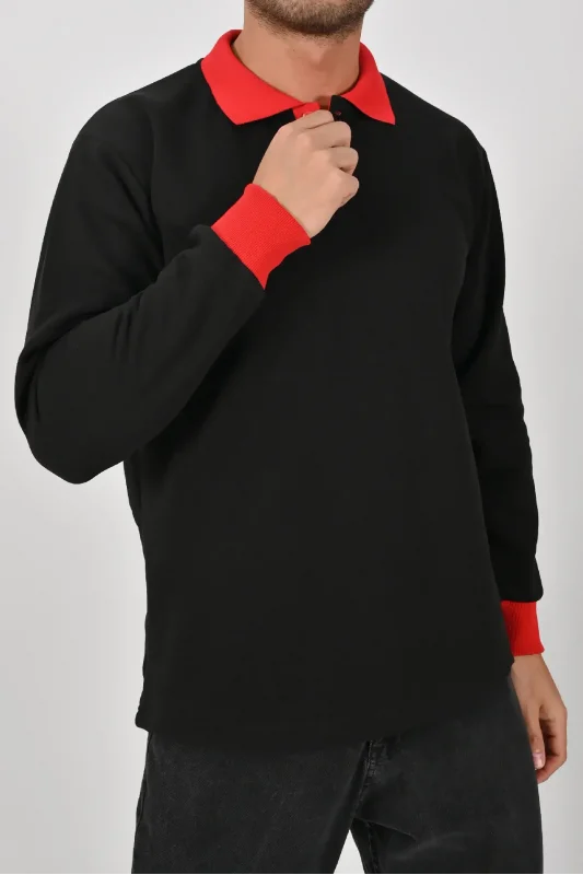 Kışlık Siyah Polo Yaka Sweatshirt Kırmızı Yakalı
