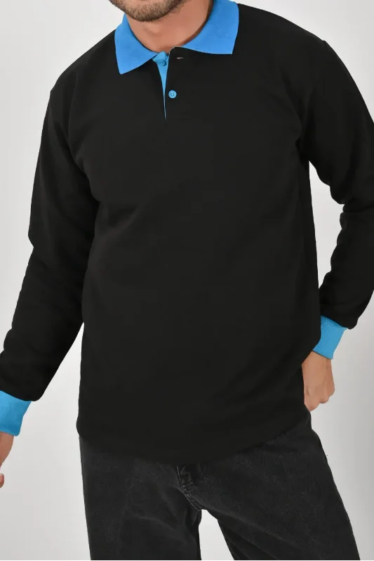 Kışlık Siyah Polo Yaka Sweatshirt Mavi Yakalı