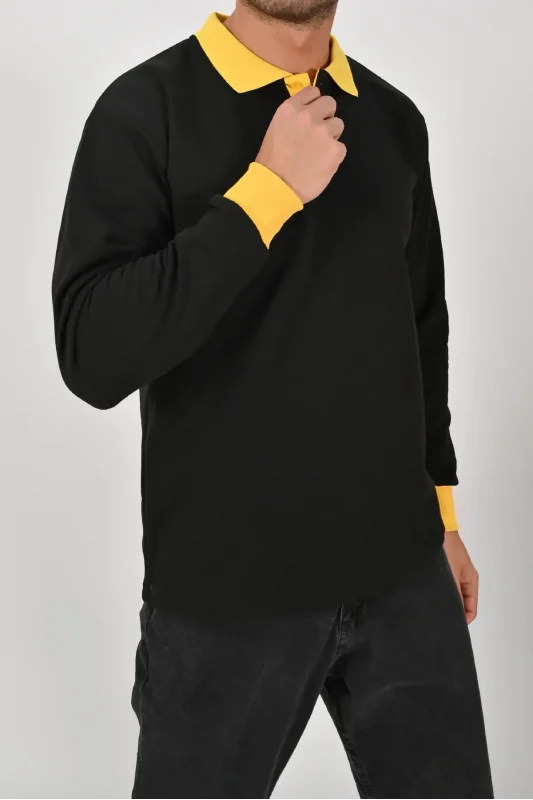 Kışlık Siyah Polo Yaka Sweatshirt Sarı Yakalı