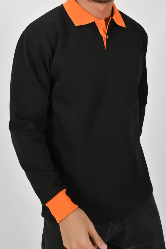 Kışlık Siyah Polo Yaka Sweatshirt Turuncu Yakalı