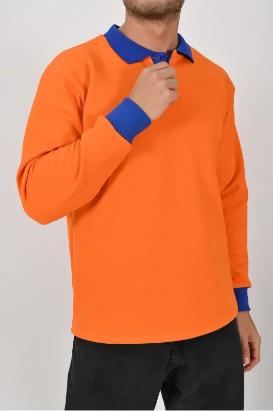 Kışlık Turuncu Polo Yaka Sweatshirt Sax Yakalı