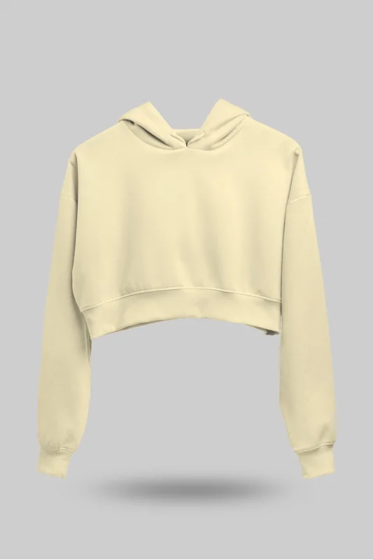 Krem Kadın Crop Hoodie Kapüşonlu Sweatshirt