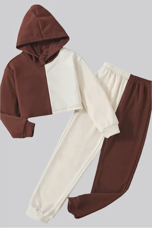 Krem Kahve Kız Çocuğu Crop Hoodie ve Eşofman Altı