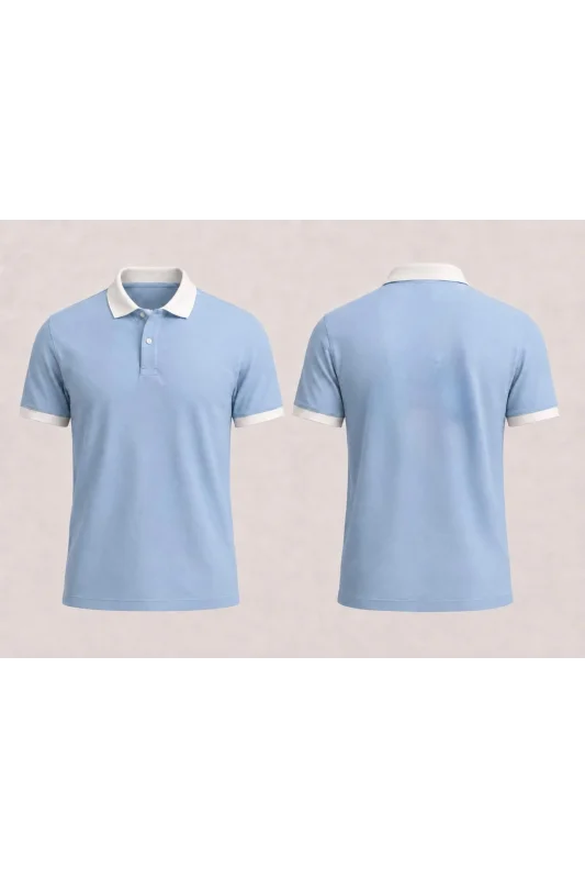 Mavi Polo Yaka T-Shirt Beyaz Yaka ve Kol Bandı