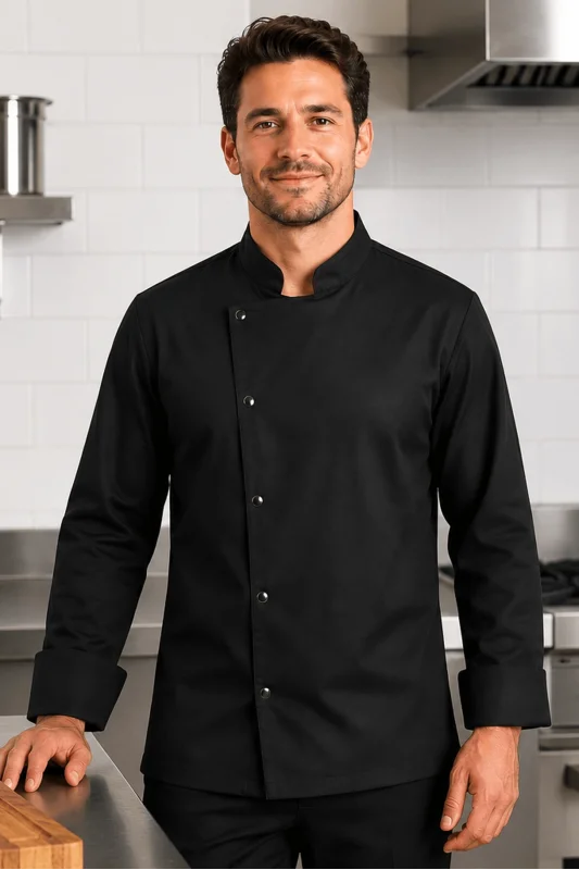 Siyah Gabardin Şef Önlüğü Klasik Model Taş Çıtçıtlı