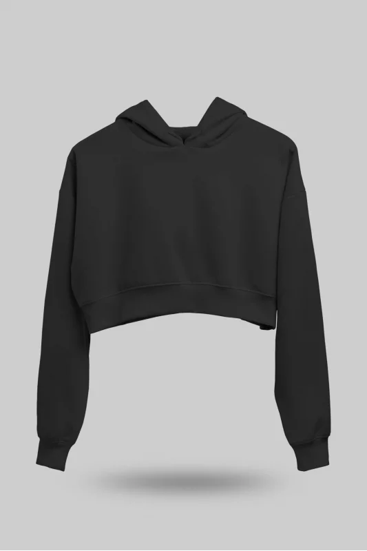 Siyah Kadın Crop Hoodie Kapüşonlu Sweatshirt