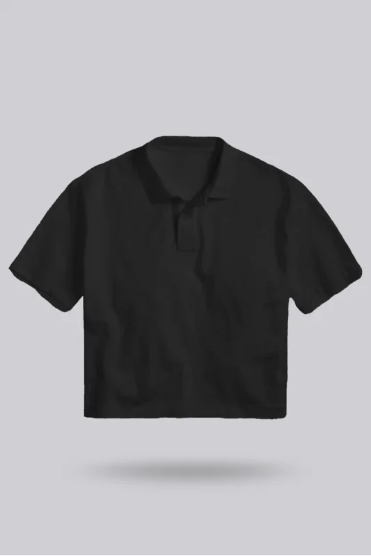 Siyah Kadın Crop Polo Yaka Tişört