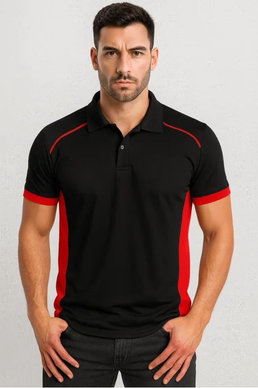 Siyah LACOSTE Polo Yaka Tişört Kırmızı Yakalı PARÇALI MODEL