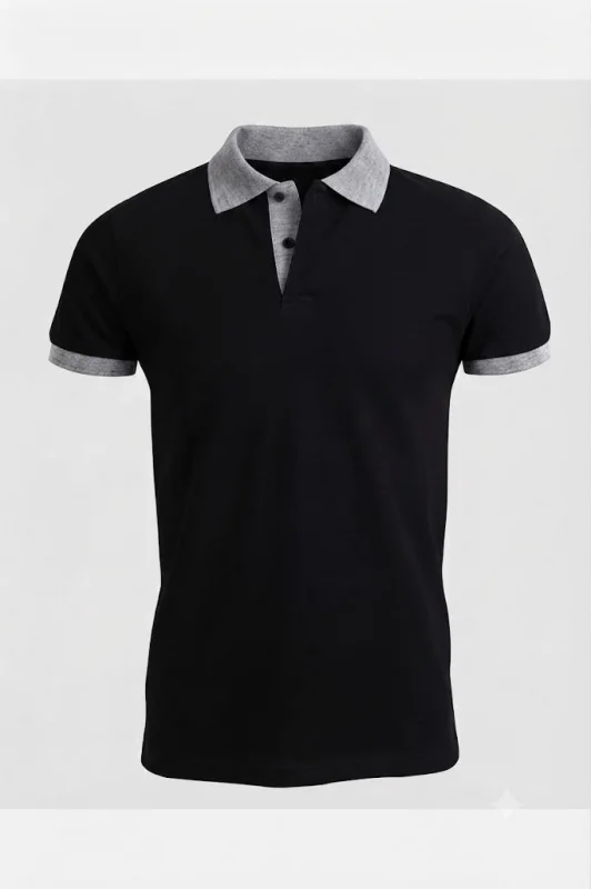 Siyah Polo Yaka T-Shirt Gri Yakalı Çift Renkli
