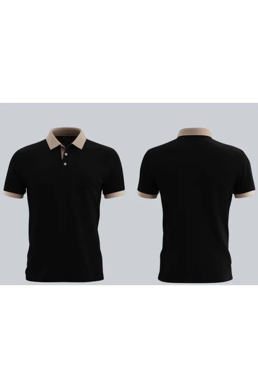 Siyah Polo Yaka T-Shirt Koyu Bej Yakalı Çift Renkli