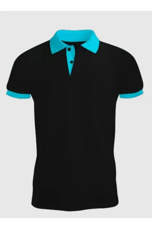 Siyah Polo Yaka Tişört Turkuaz Yakalı Çift Renkli