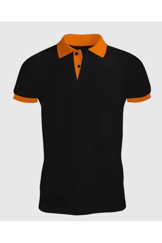Siyah Polo Yaka Tişört Turuncu Yakalı Çift Renkli