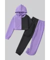 Lila Siyah Kız Çocuğu Crop Hoodie ve Eşofman Altı
