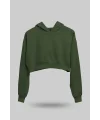 Haki Yeşili Kadın Crop Hoodie Kapüşonlu Sweatshirt