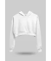 Beyaz Kadın Crop Hoodie Kapüşonlu Sweatshirt