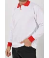 Kışlık Beyaz Çift Renkli Polo Yaka Sweatshirt Kırmızı Yakalı