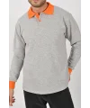 Kışlık Gri Çift Renkli Polo Yaka Sweatshirt Turuncu Yakalı