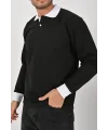Kışlık Siyah Polo Yaka Sweatshirt Beyaz Yakalı