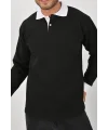 Kışlık Siyah Polo Yaka Sweatshirt Beyaz Yakalı