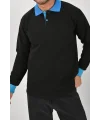Kışlık Siyah Polo Yaka Sweatshirt Mavi Yakalı