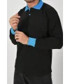 Kışlık Siyah Polo Yaka Sweatshirt Mavi Yakalı