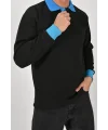 Kışlık Siyah Polo Yaka Sweatshirt Mavi Yakalı