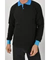Kışlık Siyah Polo Yaka Sweatshirt Mavi Yakalı