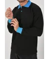 Kışlık Siyah Polo Yaka Sweatshirt Mavi Yakalı