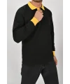 Kışlık Siyah Polo Yaka Sweatshirt Sarı Yakalı