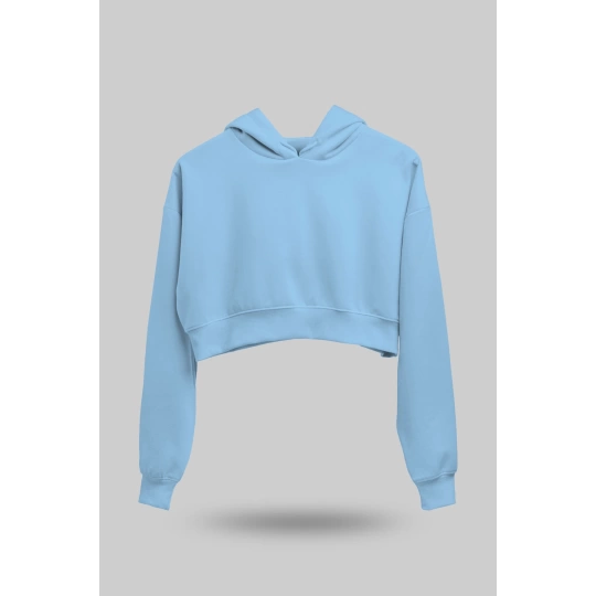 Buz Mavisi Kadın Crop Hoodie Kapüşonlu Sweatshirt