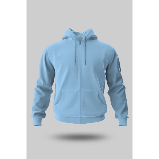BUZ MAVİSİ KAPÜŞONLU FERMUARLI SWEATSHİRT