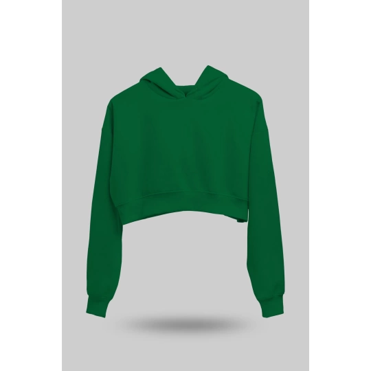 Çimen Yeşili Kadın Crop Hoodie Kapüşonlu Sweatshirt